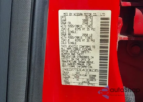 2003 Nissan Frontier Xe-V6 z USA, uszkodzony, nr VIN 1N6ED27T63C433635